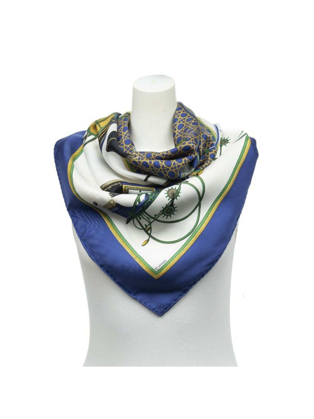 Hermes Scarf Navy Ivory Green Twill Silk